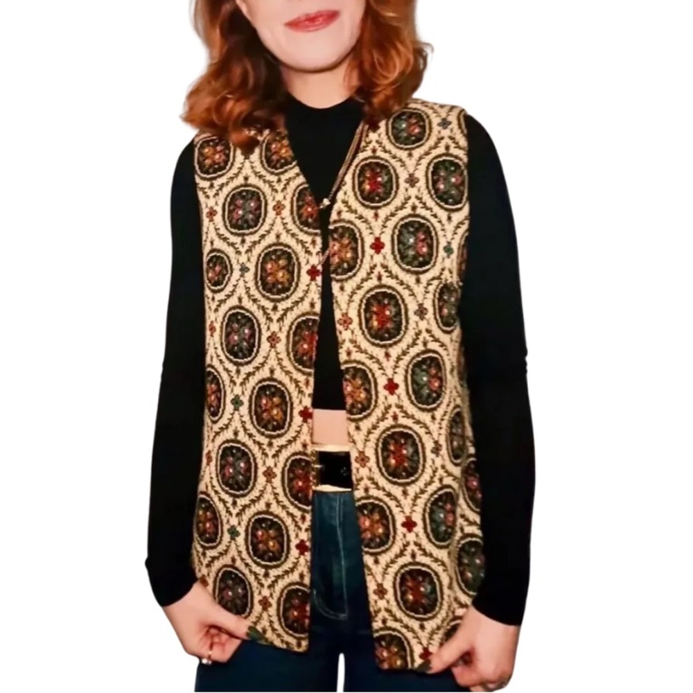 Vintage 1970's Floral Tapestry/Carpet Longline Openfront Vest - Medium